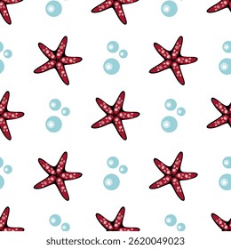 A seamless pattern featuring red starfish and light blue bubbles on a white background, ideal for beach-themed designs.
