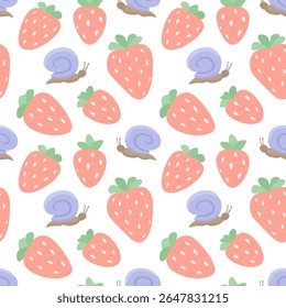 Seamless pattern featuring red strawberries with green leaves alongside cute purple snails on a white background
