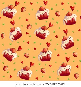 A seamless pattern featuring Red Velvet cupcakes topped with white frosting and adorable edible heart decorations. Perfect for Valentine’s Day, romantic themes, and festive designs