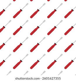 A seamless pattern featuring red-handled screwdrivers arranged diagonally on a white background.