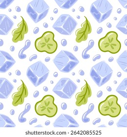 seamless pattern featuring refreshing elements such as ice cubes, splashes, cucumber slices, and mint leaves. This design captures a cool, invigorating essence, perfect for summer beverages