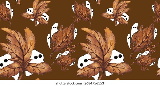 A seamless pattern featuring repeated clusters of textured brown and orange maple leaves with stylized white ghost figures peeking out from behind them. The design combines Halloween and fall themes o