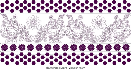 A seamless pattern featuring a repeating floral motif with ornate, swirling designs in shades of purple and white against a hexagonal background