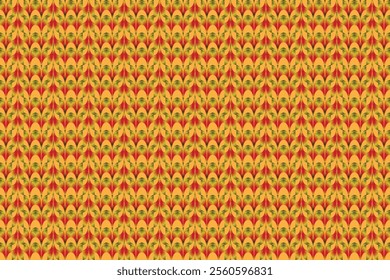 A seamless pattern featuring a repeating geometric design with floral motifs in shades of red, yellow, and green.