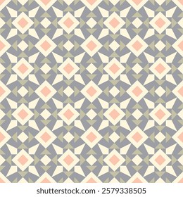 A seamless pattern featuring a repeating geometric design of interlocking squares and triangles in shades of gray, pink, and cream