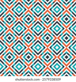 A seamless pattern featuring a repeating geometric design of interlocking squares in shades of blue, orange, black, and white