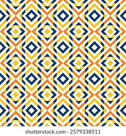 
A seamless pattern featuring a repeating geometric design of interlocking squares in shades of blue, orange, yellow, and white