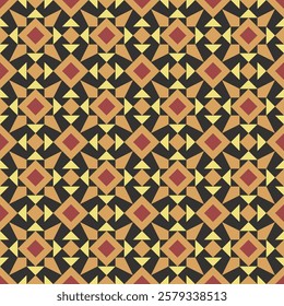 A seamless pattern featuring a repeating geometric design of interlocking squares and triangles in shades of brown, orange, and yellow
