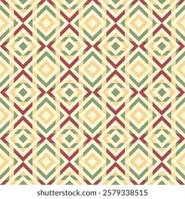 A seamless pattern featuring a repeating geometric design of interlocking squares in shades of red, green, and yellow on a cream background