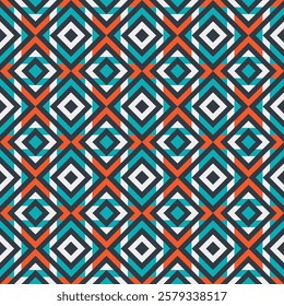 A seamless pattern featuring a repeating geometric design of interlocking squares in shades of blue, orange, black, and white