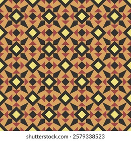 A seamless pattern featuring a repeating geometric design of interlocking squares and triangles in shades of brown, orange, and yellow