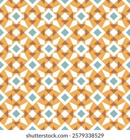 A seamless pattern featuring a repeating geometric design of interlocking squares and triangles in shades of blue, orange, and white