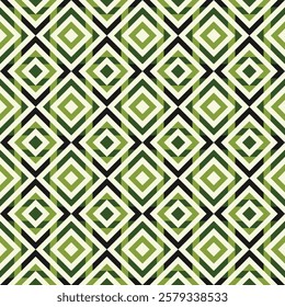 A seamless pattern featuring a repeating geometric design of interlocking squares in shades of green and black on a cream background