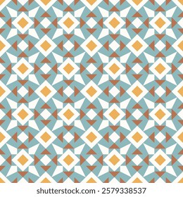 A seamless pattern featuring a repeating geometric design of interlocking squares and triangles in shades of blue, orange, and white