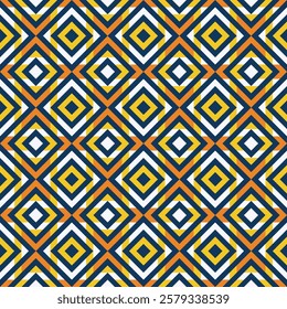 
A seamless pattern featuring a repeating geometric design of interlocking squares in shades of blue, orange, yellow, and white