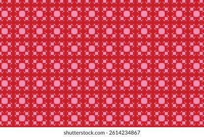 A seamless pattern featuring a repeating geometric design composed of red squares forming larger shapes with pink circular accents, creating a textured, dotted effect.