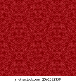 A seamless pattern featuring reptile skin or fish scales in vibrant red hues. This design represents snake scales, showcasing wildlife texture with an Asian-inspired minimalistic mosaic backdrop