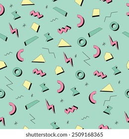 A seamless pattern featuring retro 90s geometric shapes in pastel colors, perfect for nostalgic designs, digital backgrounds, or vintage-inspired projects.