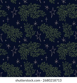 Seamless pattern featuring retro sketchy illustrations of green pine branches and stars on a dark navy background. The overall mood exudes a festive and joyful atmosphere, perfect for holiday designs