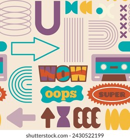 Seamless pattern featuring retro speech bubbles and elements, vector on beige background.