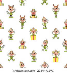 Seamless Pattern Featuring Retro-style Christmas Elves Cartoon Characters In Festive Attire. Vector Tile Holiday Motif