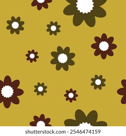 Um padrão sem costura com flores de estilo retrô com centros brancos, em tons de marrom e verde terrosos, espalhados em um fundo amarelo-mostarda. Perfeito para projetos vintage ou divertidos