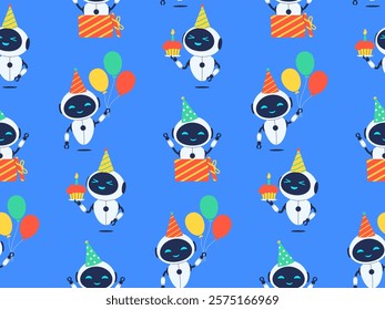 Seamless pattern featuring robots and birthday decorations. Vector illustration for party designs, kids themes and tech inspired celebration backgrounds
