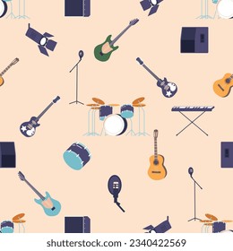 Seamless Pattern Featuring Rock Music Items Like Guitars, Microphones, Drums, And Keyboards. Tile Background
