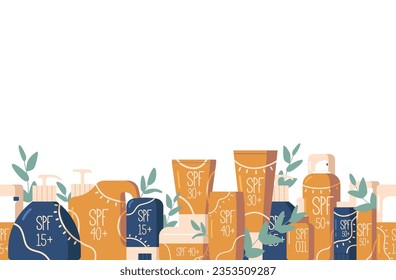 Seamless Pattern Featuring Row Of Spf Sun Protection Bottles, Creating A Playful And Practical Design For Summer
