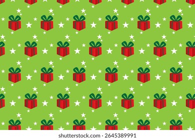 A seamless pattern featuring rows of red gift boxes with green bows scattered across a bright green background. White stars of various sizes are interspersed throughout the design.