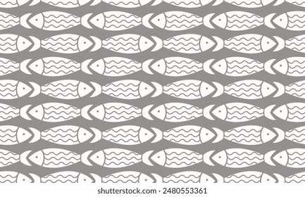 A seamless pattern featuring rows of stylized fish, creating a rhythmic and harmonious design ideal for decorative purposes.
