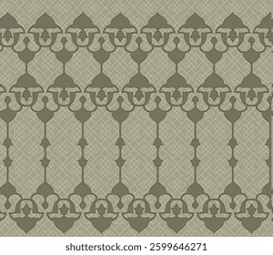 seamless pattern featuring rows of stylized floral or leaf-like motifs connected by vertical lines, presented in shades of brown , light brown background, for textile, wallpaper, gift wrapping.