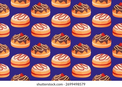 Seamless pattern featuring rows of traditional sufganiyot. Hanukkah jelly donuts. Festive flat vector design perfect for wrapping paper, backgrounds, textiles, and holiday decorations.