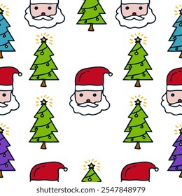 Seamless pattern featuring Santa Claus faces and decorated Christmas trees with stars on top. Perfect for holiday-themed designs, gift wrapping, and seasonal decorations.