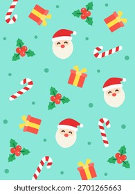 Padrão contínuo com Papai Noel, caixa presente, cana de doces e visco em um fundo azul brilhante. Adequado para convites sazonais, embalagem de produtos ou impressões de inverno bonito.