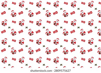 Seamless pattern featuring Santa Claus with coffee cup, HO HO HO text lettering, and red poinsettia flowers, Christmas holiday design, repeating background isolated on white.