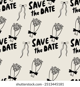 Seamless pattern featuring Save the Date text with flower bouquets and bows, ideal for wedding invitations and announcement designs