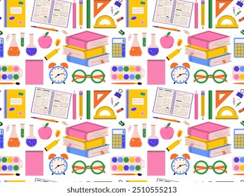 Seamless pattern featuring school stationery items. Vector illustration for educational designs, back-to-school themes, and academic backgrounds