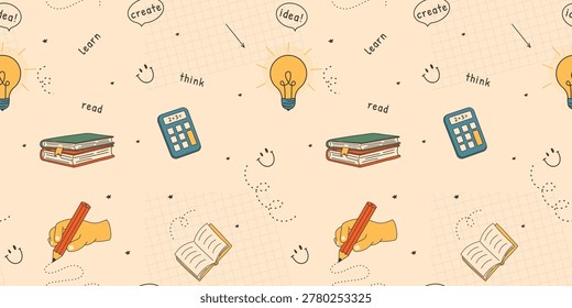 Seamless pattern featuring school supplies and educational symbols. Hand-drawn illustrations: a pencil, book, calculator, and lightbulb on graph paper. A Back to School themed background designed for stationery concepts. Vector illustration