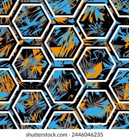 Seamless pattern featuring sharp abstract shapes inside a hexagonal grid. Bold colors of orange, blue, and gray on a black background create a modern, edgy look ideal for streetwear and sports fashion