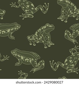 Seamless pattern featuring silhouettes of frogs on a dark background, vector illustration, suitable for elegant design themes.
