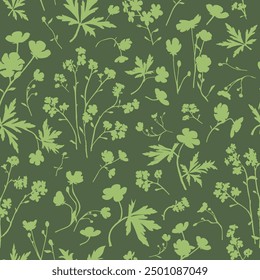 A seamless pattern featuring silhouettes of meadow wildflowers in soft green against a deep forest green background. The design exudes a fresh, nature-inspired charm, perfect for adding a touch of the