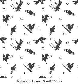 Seamless pattern featuring silhouettes of show jumpers, horseshoes, and obstacles on a white background, inspired by equestrian sports and jumping competitions