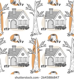 A seamless pattern featuring simple hand-drawn houses and trees. The houses have triangular roofs and windows. The trees are tall with bare branches and stumps.