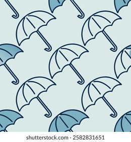 A seamless pattern featuring simple and stylish umbrella line drawings arranged in a repeating format. This minimalist and modern design is perfect for wallpapers