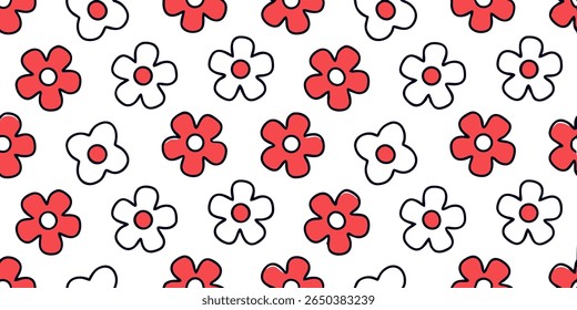 A seamless pattern featuring simple, stylized flowers in red and white with thick black outlines, creating a playful and retro aesthetic on a cream background.