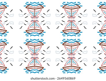 A seamless pattern featuring simplified, red and brown outline drawings of sailboats on blue waves, interspersed with stylized clouds and black birds against a white background.