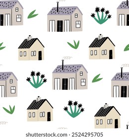 A seamless pattern featuring simplistic hand-drawn houses and green plants. Ideal for fabric design, wallpaper, or home decor projects seeking a minimalist aesthetic