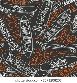 Seamless Pattern Featuring Skateboards and Graffiti Lettering in Urban Style.
