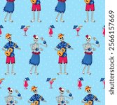 Seamless pattern featuring skeletons in Hawaiian tribal outfits dancing, fun summer print for textile 